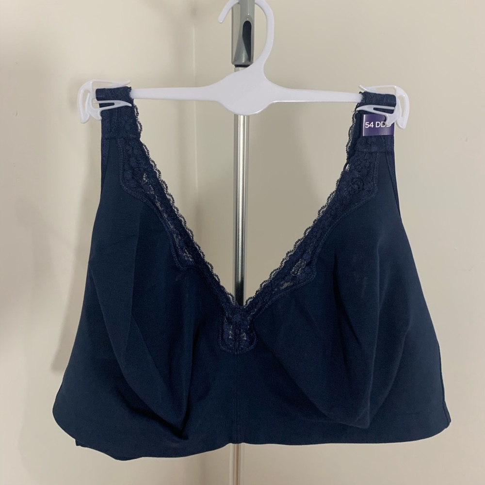 New Plus Size No Wire Cotton Comfort Lace Bra Navy - Picture 10 of 16